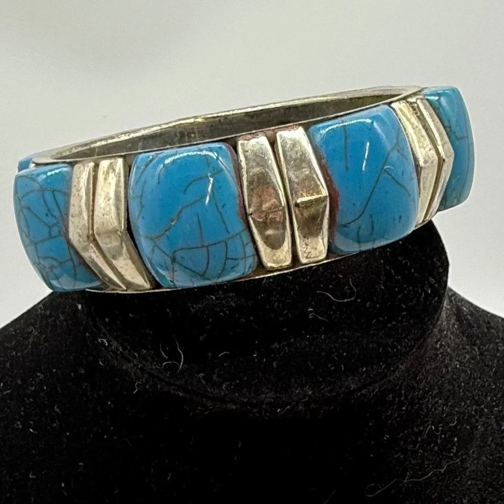 Vintage Silver Tone Faux Turquoise Chunky Bangle Bracelet Southwestern Boho 4253